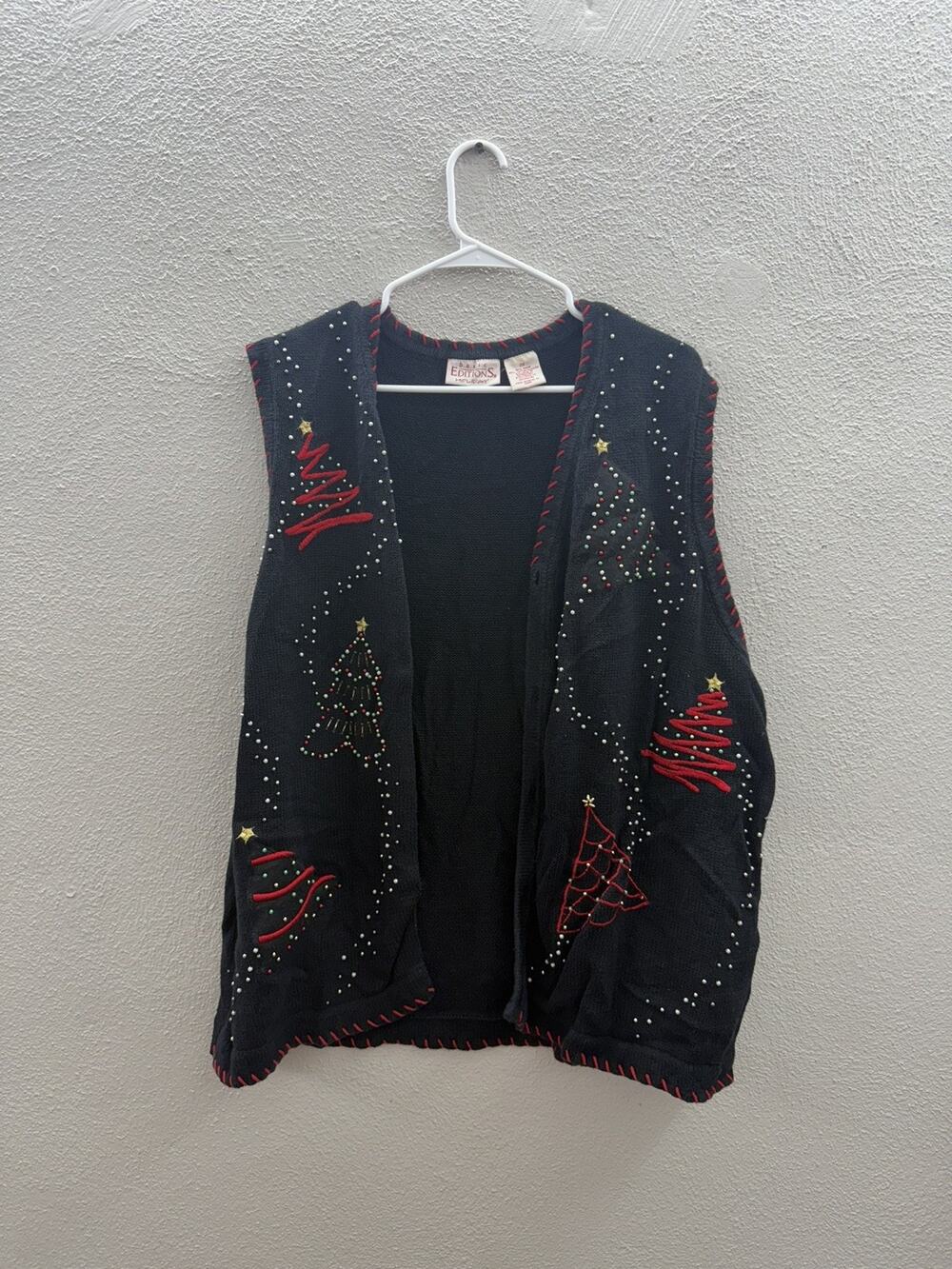 Basic Editions Holiday Sweater Vest Size 2X Black Button Up Christmas Tree